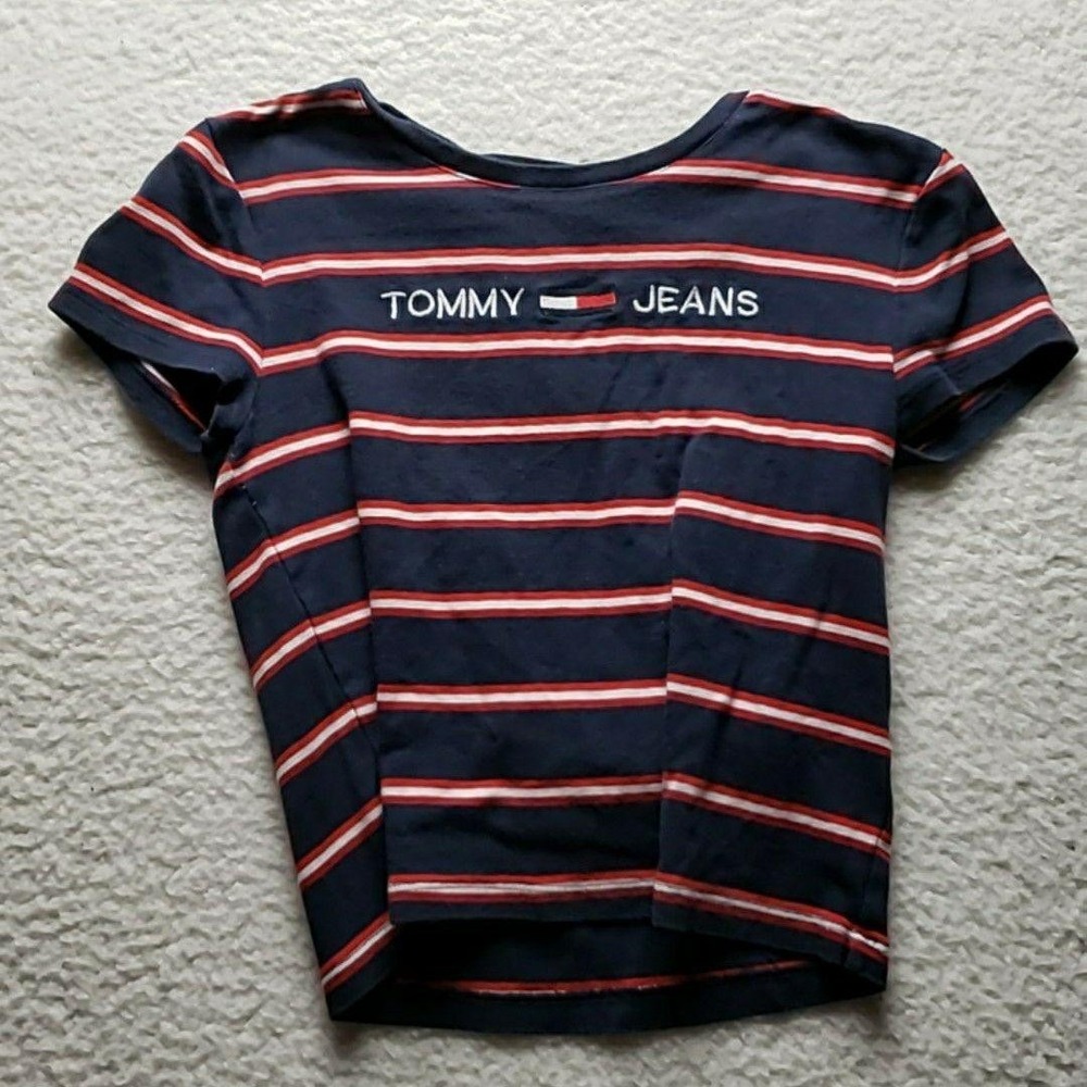 Tommy Jeans Shirt Womens Medium Blue Crew Neck Short Sleeve Stripe Crop Top